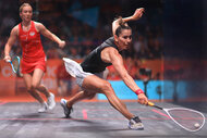 Joelle King of New Zealand plays squash during her women's quarter-final match