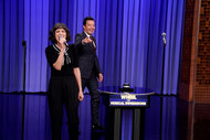Melissa Villaseñor with host Jimmy Fallon during "Wheel of Musical Impressions"