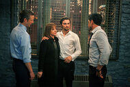 Peter Scanavino as Dominick "Sonny" Carisi, Patti LuPone as Lydia, and Danny Pino as Detective Nick Amaro in Law & Order: Special Victims Unit