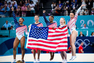 Jade Carey, Sunisa Lee, Simone Biles, Jordan Chiles and Hezly Rivera of Team United States celebrate winning the gold medal