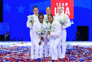 Suni Lee, Hezly Rivera, Jade Carey, Simone Biles, and Jordan Chiles celebrate after being named at the U.S. Olympic Team for women's gymnastics