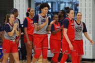 Breanna Stewart #10 reacts with teammates during the USA Basketball Women's National Team Training Camp