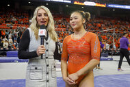 Samantha Peszek interviews Suni Lee at a gymnastics meet in 2023