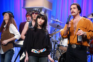 Kristen Wiig, Scarlett Johansson as Char Hamrlik, Will Forte, and Horatio Sanz during "Duluth Live" skit on Saturday Night Live on January 14, 2005.