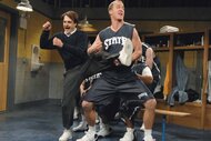 Peyton Manning holds Will Forte's leg on SNL Season 32 Episode 16.