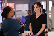 Dr Caitlin Lenox listens to Sharon Goodwin on Chicago Med Season 10 Episode 1