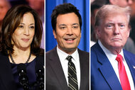 A split of Kamala Harris, Jimmy Fallon and Donald Trump