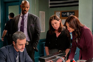 Det. Vincent Riley (Reid Scott), Det. Jalen Shaw (Mehcad Brooks), Lieutenant Jessica Brady (Maura Tierney) and Assistant District Attorney Samantha Maroun (Odelya Halevi) huddle over a case file