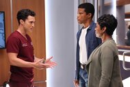 Sharif Atkins and Darren Barnet talk to each other on Chicago Med Season 10 Episode 2