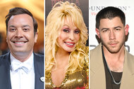 A split of Jimmy Fallon, Dolly Parton and Nick Jonas