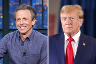 A split of Seth Meyers and Donald Trump