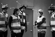 George Coe as bee, John Belushi as bee, Chevy Chase as bee, Gilda Radner as bee, Michael O'Donoghue as bee during the "Bee Hospital" skit on SNL