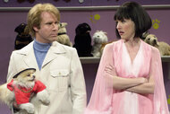 Will Ferrell holds a dog and looks at Molly Shannon on Saturday Night Live