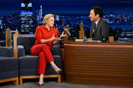 Kate McKinnon wears a red jumpsuit on the tonight show starring jimmy fallon season 12 episode 5