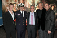 Mayor of Chicago, Rahm Emanuel poses with cast members of Chicago Fire for the world premiere of Chicago Fire in 2012