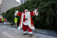 Santa Claus arrives during the installation of the Rockefeller Center Christmas tree on November 09, 2024 in New York City.