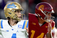 A split featuring members of the UCLA Bruins and USC Trojans football teams.