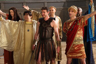 Jane Wickline, Bowen Yang, host Paul Mescal dressed in gladiator costumes on Saturday Night Live Season 50 Episode 8