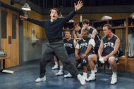 Coach (Will Forte) dances in front of his team (Jason Sudeikis, Fred Armisen, Bill Hader, Kenan Thompson, Peyton Manning)