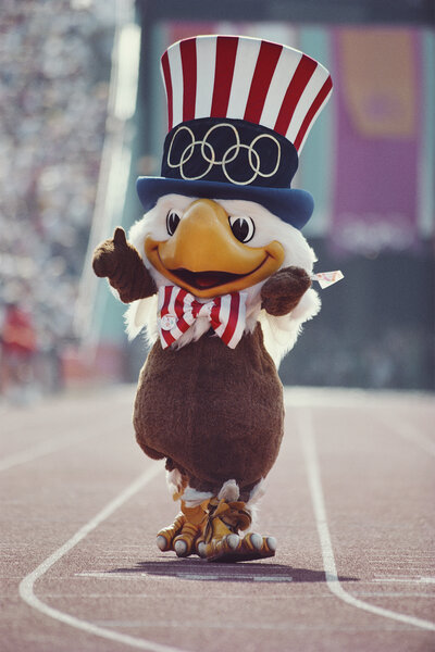 Sam the eagle waves on the track at the 1984 Summer Olympics