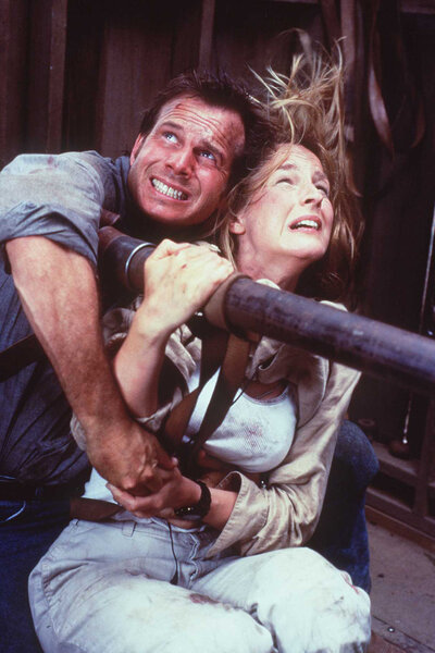 Bill Paxton and Helen Hunt during a scene in Twister