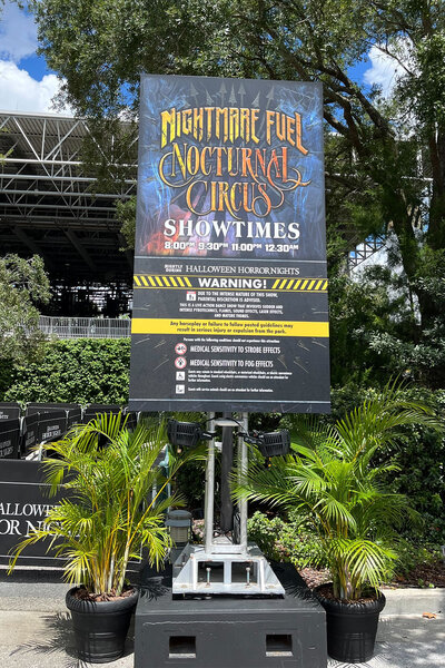 The sign for Nightmare Fuel Nocturnal Circus at Halloween Horror Nights 2