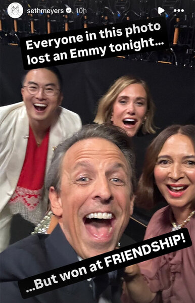 Seth Meyers posts himself, maya rudolph, bowen yang and kristen wiig at the emmys to his Instagram