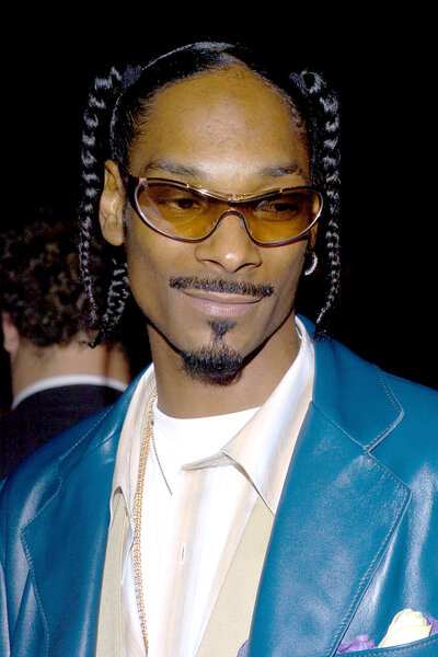 Snoop Dogg wears a blue leather blazer and sunglasses on the red carpet