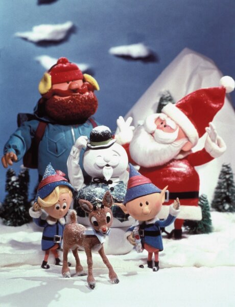 The cast of Rudolph the Red-Nosed Reindeer (1964) play outside together.