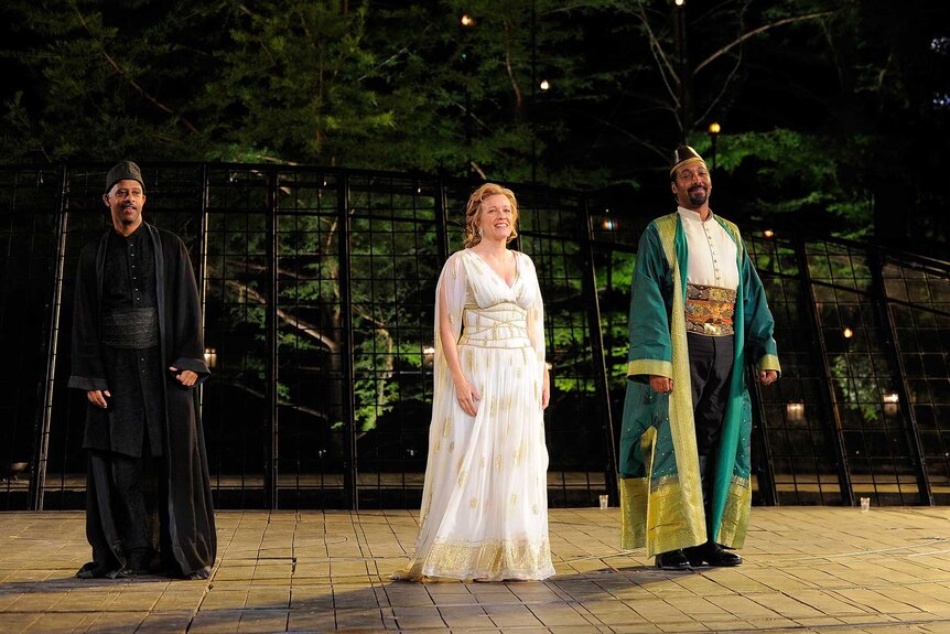 Ruben Santiago-Hudson, Linda Emond and Jesse L. Martin on stage looking at the audience during the curtain call for The Winter's Tale.
