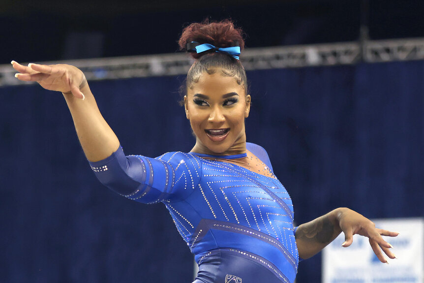 Jordan Chiles during a floor routine at the University of Washington at UCLA Pauley Pavilion