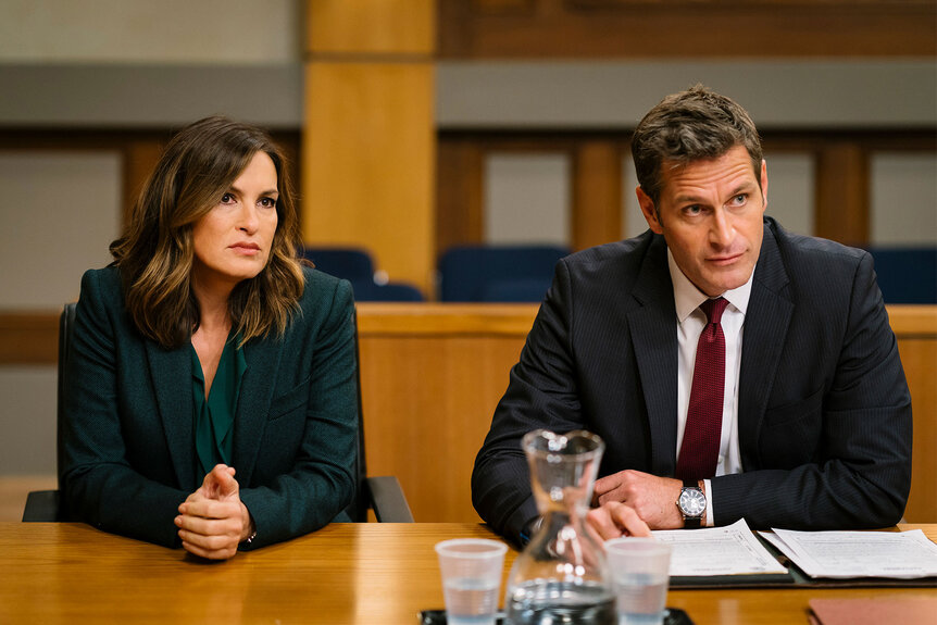 Lieutenant Olivia Benson (Mariska Hargitay) and Trevor Langan (Peter Hermann) appear in Season 19 Episode 5 of Law & Order: SVU