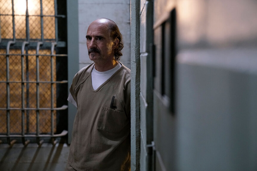 Alvin Olinksy wears a prison uniform in a scene from Chicago P.D. Season 5 Episode 21
