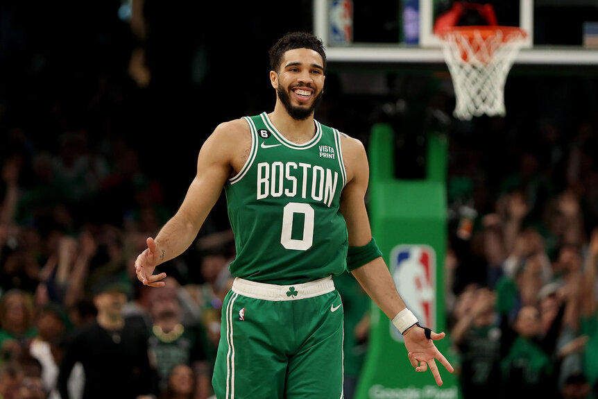Jayson Tatum #0 of the Boston Celtics celebrates a basket against the Philadelphia 76ers during the third quarter in game seven of the 2023 NBA Playoffs Eastern Conference Semifinals