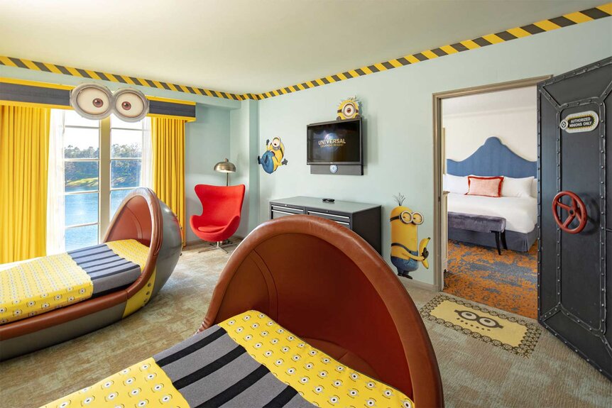 The Minions Kids Suite featuring minion eyes and yellow bed spreads