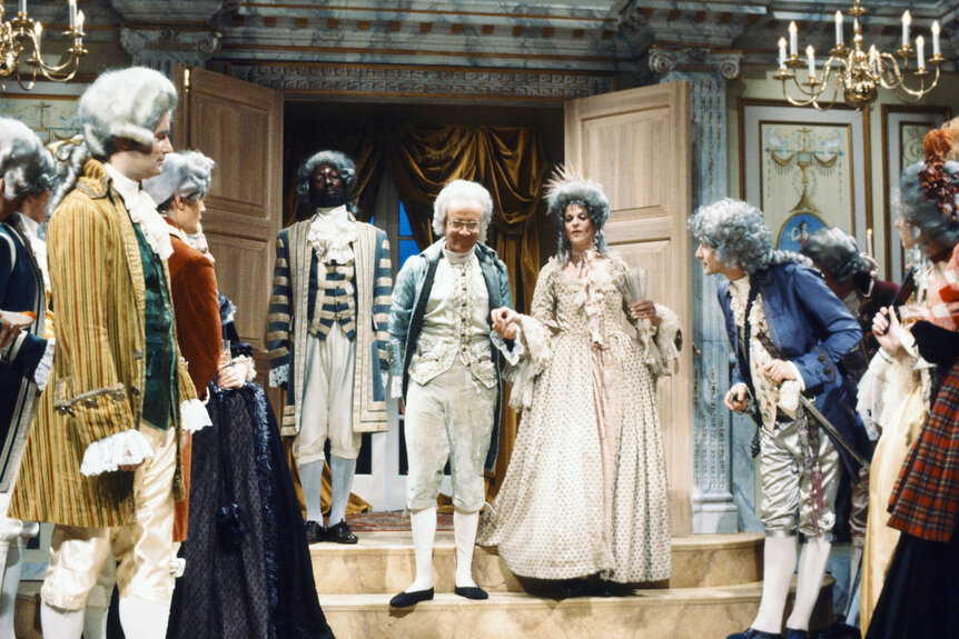 Bill Murray as Earl of Sandwich, Garrett Morris as crier, Buck Henry as Lord Douchebag, Gilda Radner as Lady Douchebag during the "Lord & Lady Douchebag" skit