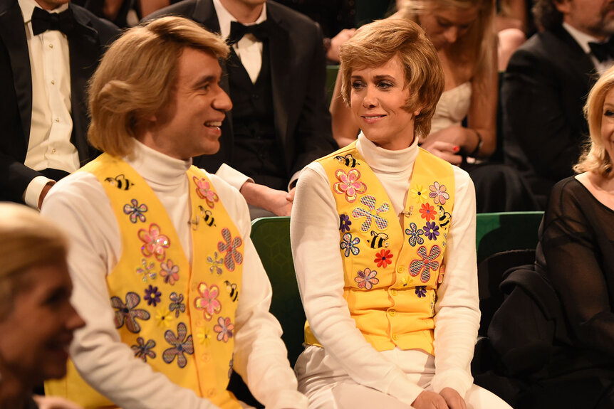 Fred Armisen as Garth, Kristin Wiig as Kat during the Marty and Beyonce skit during the Saturday Night Live 40th Anniversary Specia