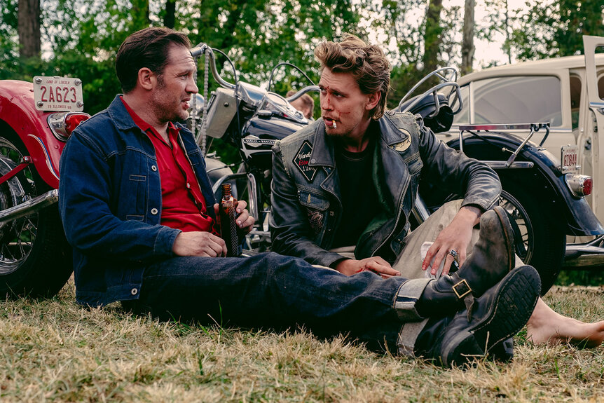 Tom Hardy as Johnny and Austin Butler as Benny in The Bikeriders