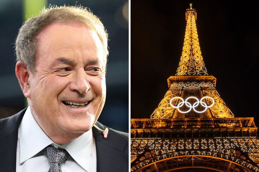 A split of announcer Al Michaels and the Olympic Rings on the Eiffel Tower