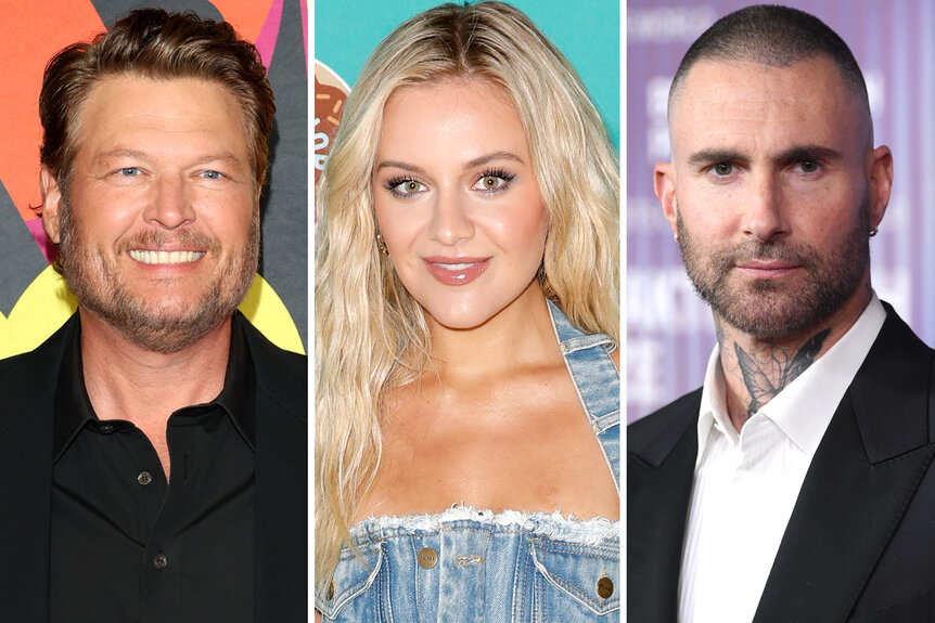 A split of Blake Shelton Kelsea Ballerini and Adam Levine