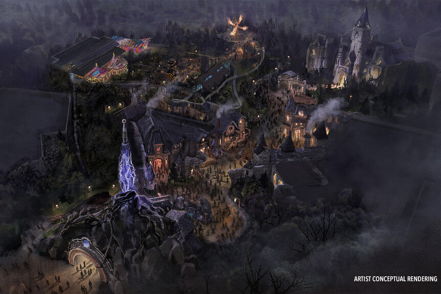 An artist rendering of an aerial view at Dark Universe at Universal Orlando