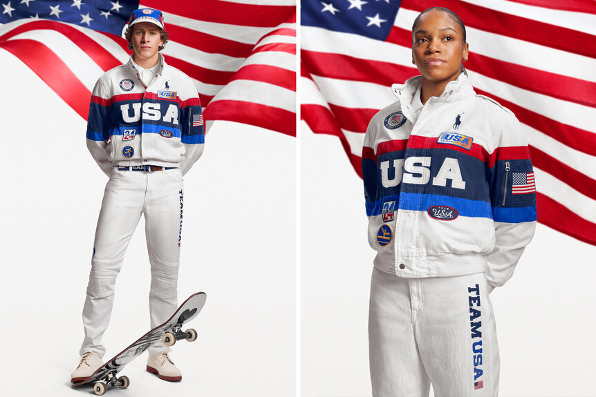 Jagger Eaton and Shilese Jones wear the 2024 Olympics Closing Ceremony Uniform