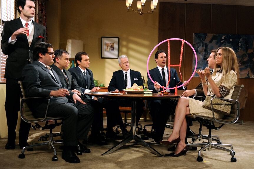 Jon Hamm and Kristen Wiig during a sketch on Saturday Night Live