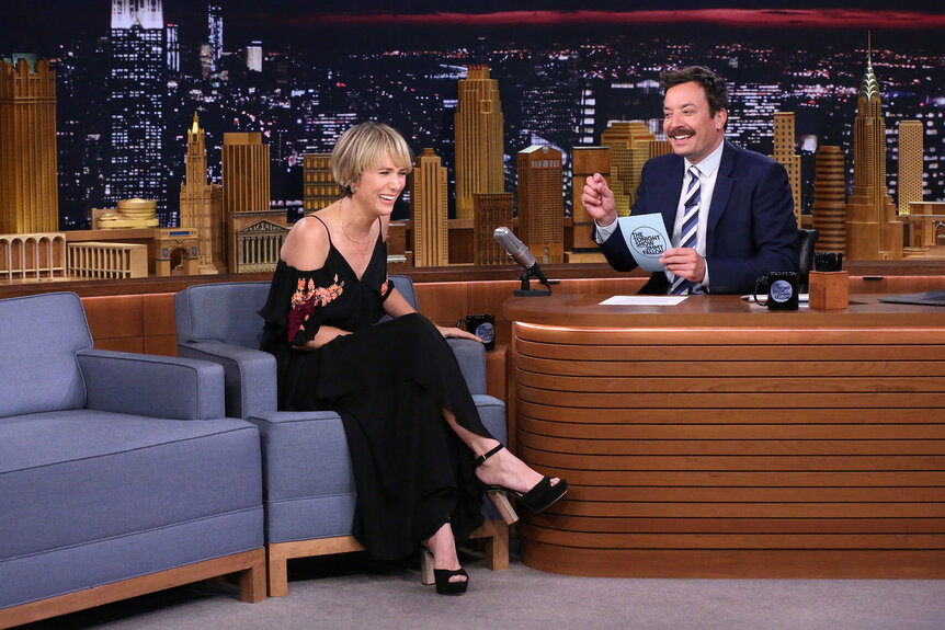 Kristen Wiig and Jimmy Fallon during an interview on The Tonight Show