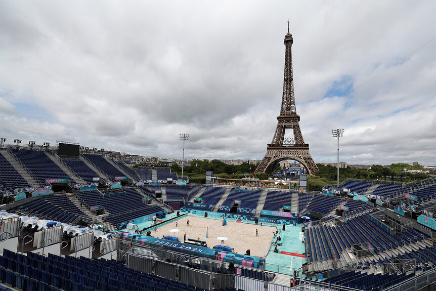 A view of the 2024 Olympics in front of the Eiffel Tower