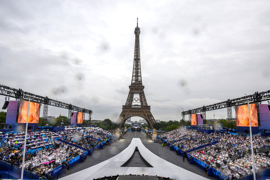 A view of the Eiffel Tower at the 2024 Olympics Opening Ceremony