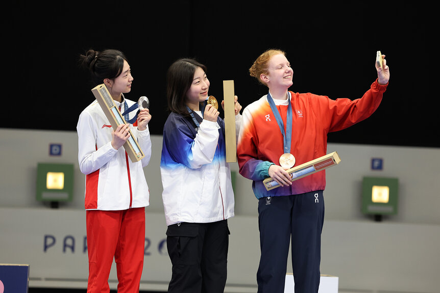 The medal ceremony during the 10m Air Rifle Women's Final