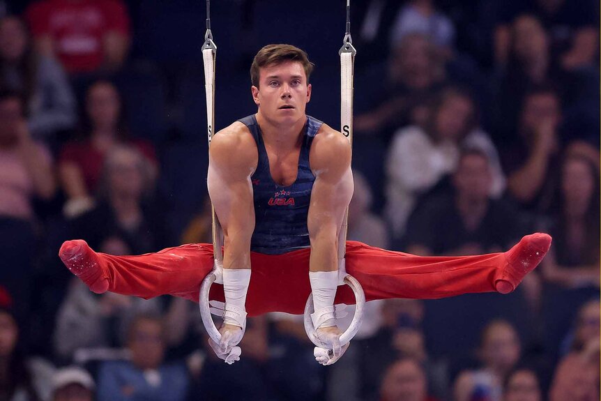 Brody Malone performs on the Rings at the 2024 U.S. Olympic Gymnastics Trials.
