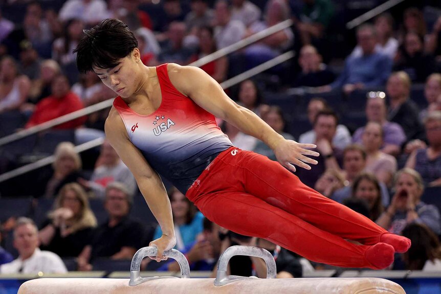 Asher Hong performs on the Pommel Horse at the 2024 U.S. Olympic Gymnastics Trials.