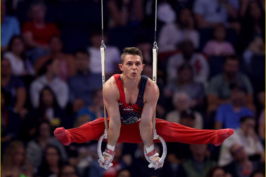 Paul Juda competes on the rings at the 2024 U.S. Olympic Gymnastics Trials.